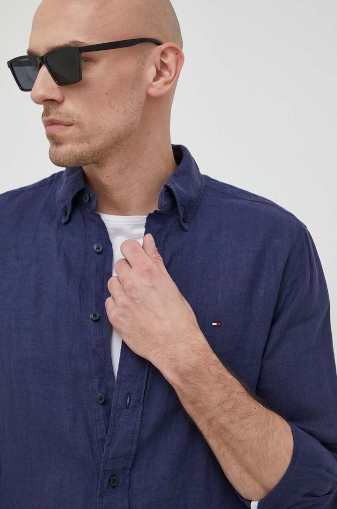 Сорочка з льону Tommy Hilfiger колір синій regular комір button-down (3027749)