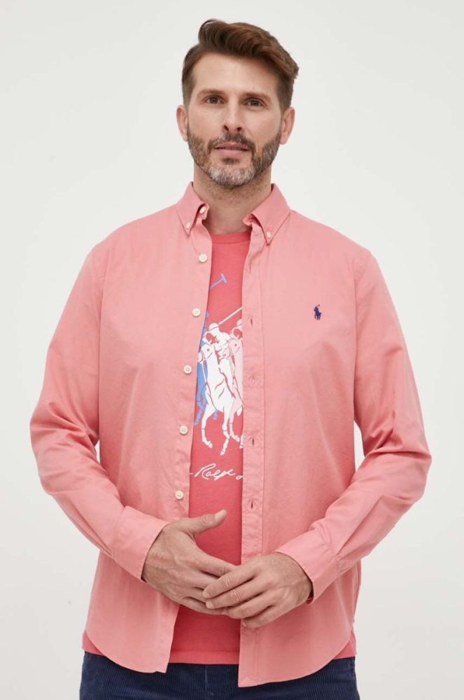 Бавовняна сорочка Polo Ralph Lauren чоловіча колір рожевий slim комір button-down (3261084) фото 4