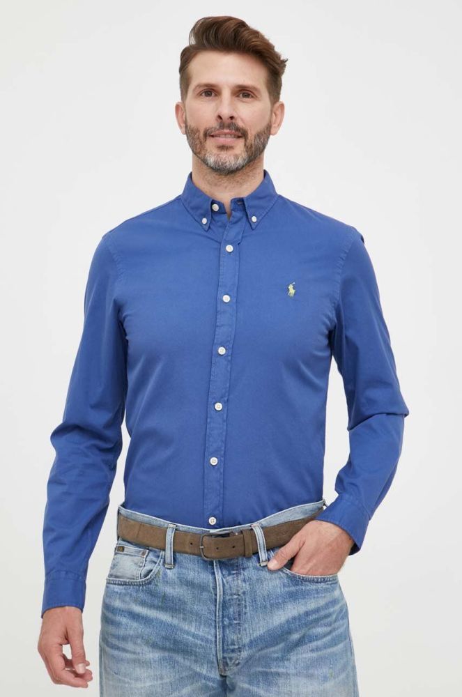 Бавовняна сорочка Polo Ralph Lauren чоловіча slim комір button-down колір блакитний (3261104)