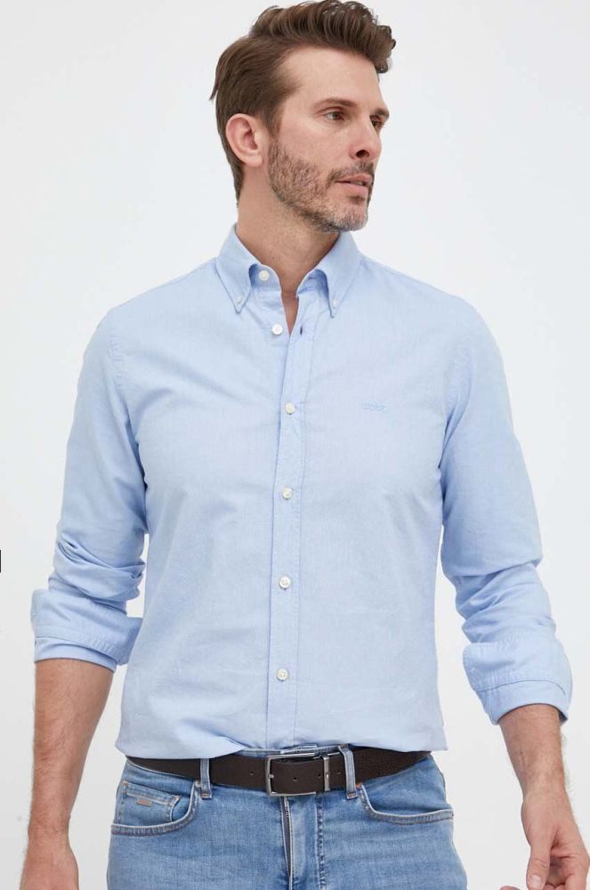 Бавовняна сорочка BOSS BOSS ORANGE чоловіча regular з італійським коміром колір блакитний (3223008)