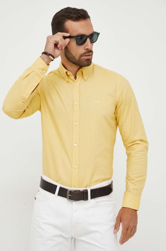 Бавовняна сорочка BOSS BOSS ORANGE чоловіча колір жовтий regular з італійським коміром