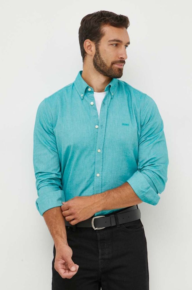 Бавовняна сорочка BOSS BOSS ORANGE чоловіча колір бірюзовий regular з італійським коміром