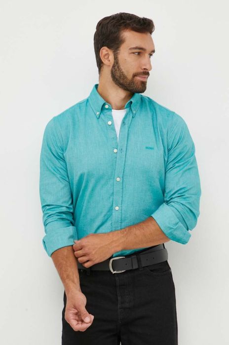 Бавовняна сорочка BOSS BOSS ORANGE чоловіча колір бірюзовий regular з італійським коміром