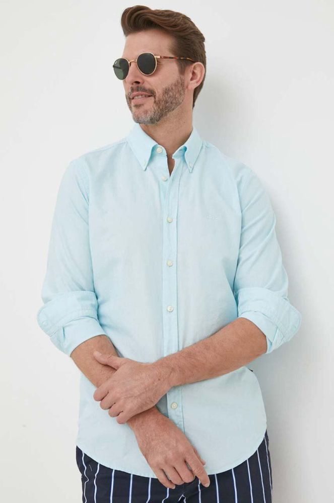 Бавовняна сорочка BOSS BOSS ORANGE чоловіча regular з італійським коміром колір блакитний (3223859)