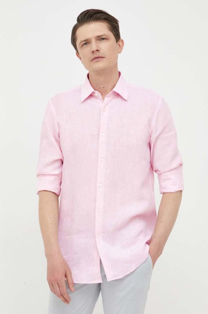 Сорочка з льону BOSS колір рожевий slim класичний комір