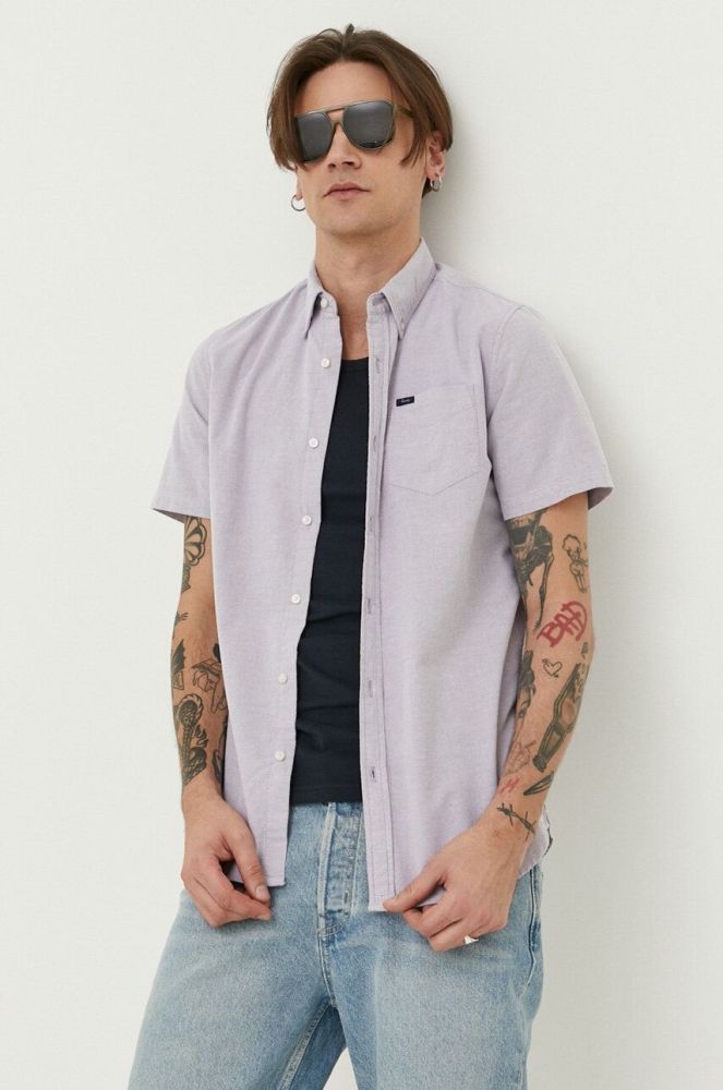 Бавовняна сорочка Superdry чоловіча колір фіолетовий regular класичний комір