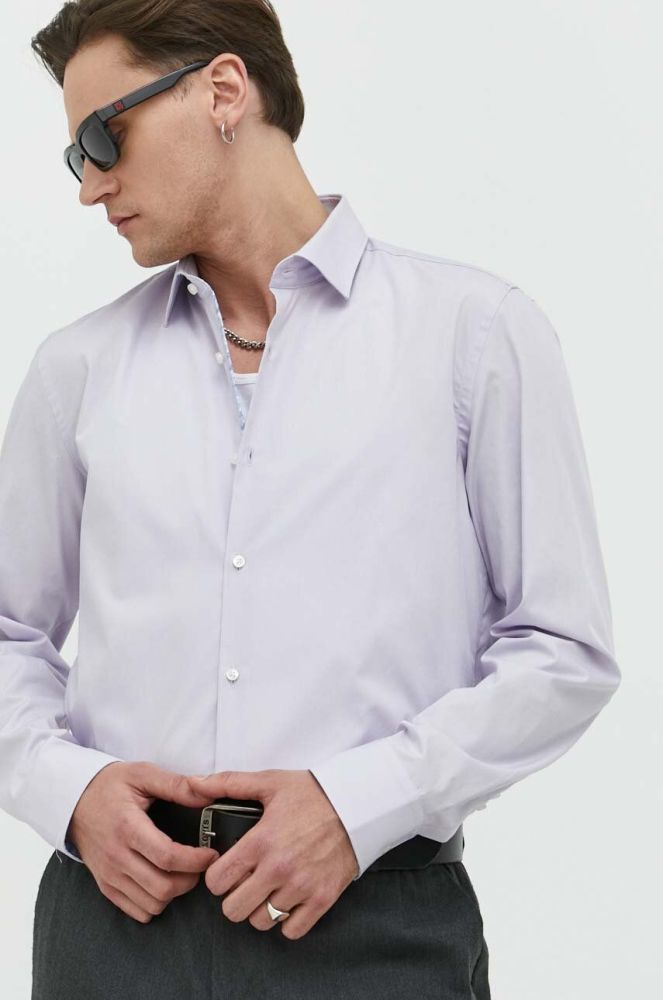 Бавовняна сорочка HUGO чоловіча колір фіолетовий slim класичний комір (3144331)