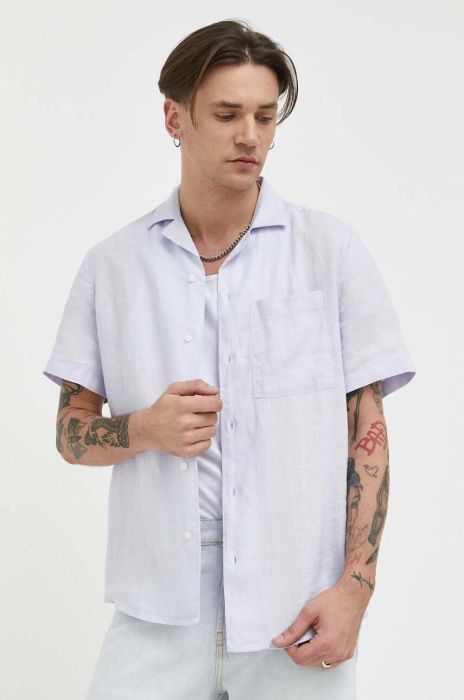 Сорочка з льону HUGO колір фіолетовий regular