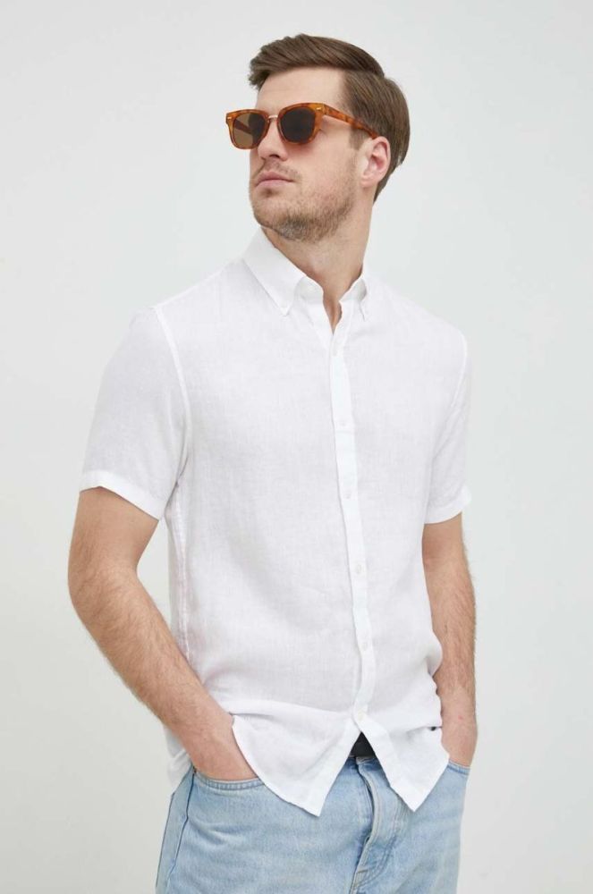 Сорочка з льону Michael Kors колір білий slim комір button-down фото 5