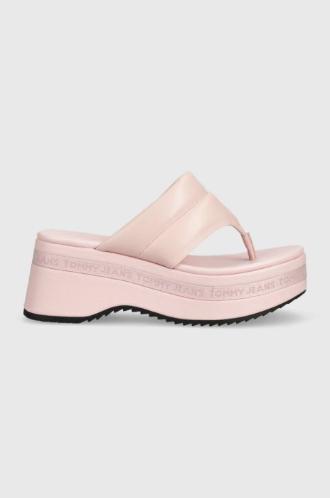 Шкіряні в'єтнамки Tommy Jeans SANDAL PADDED жіночі колір рожевий на платформі EN0EN02075