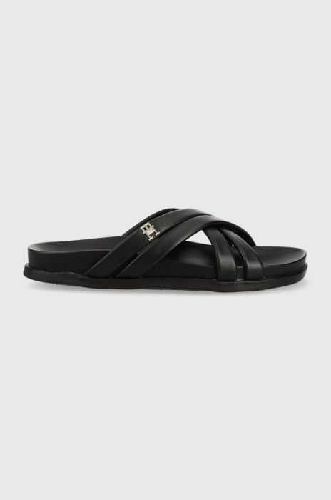 Шкіряні шльопанці Tommy Hilfiger STRAP FEMININE SANDAL жіночі колір чорний