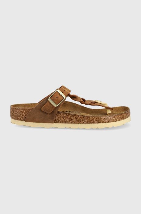 Шкіряні в'єтнамки Birkenstock Gizeh Braided жіночі колір коричневий на плоскому ходу 1021355-brown