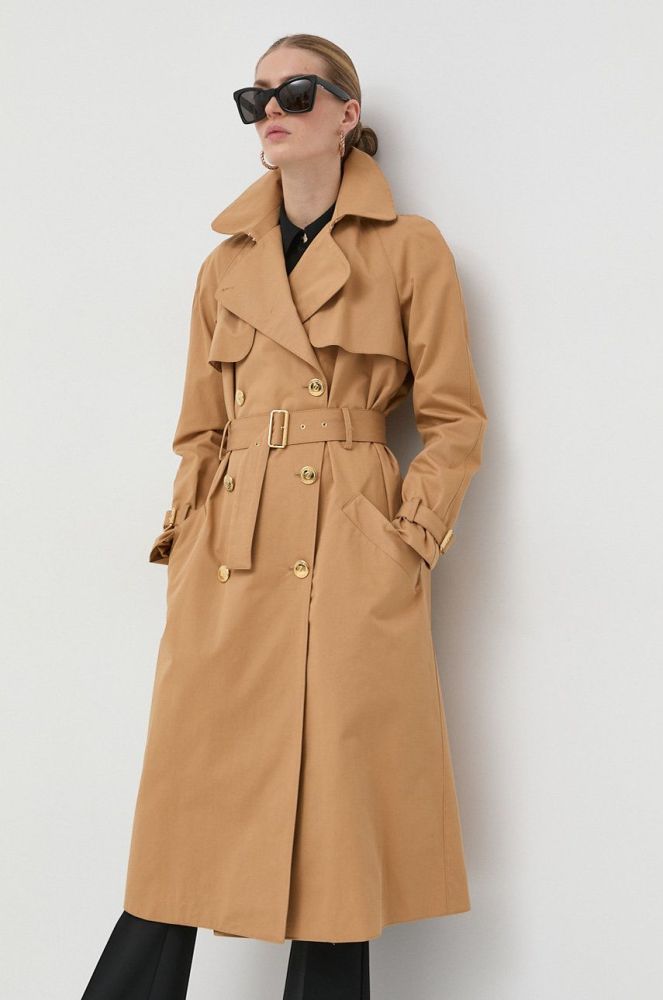 Бавовняне пальто Elisabetta Franchi колір бежевий перехідний двобортний