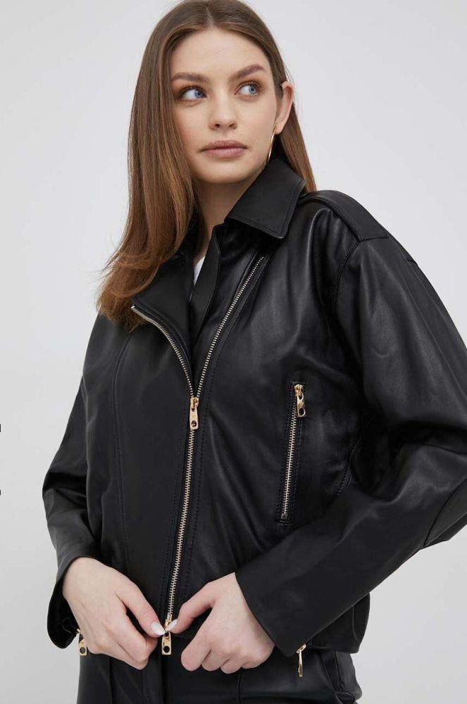 Шкіряна куртка Emporio Armani жіноча колір чорний перехідна (3136859)