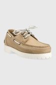 Шкіряні мокасини Tommy Hilfiger PREMIUM CLEATED W BOAT SHOE жіночі колір бежевий на плоскому ходу FW0FW07128