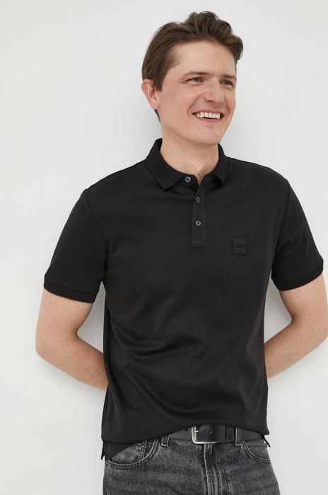 Бавовняне поло BOSS колір чорний меланж