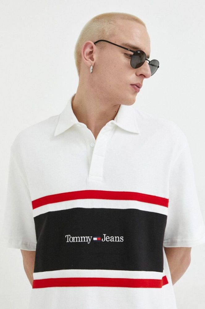 Бавовняне поло Tommy Jeans колір бежевий візерунок фото 4