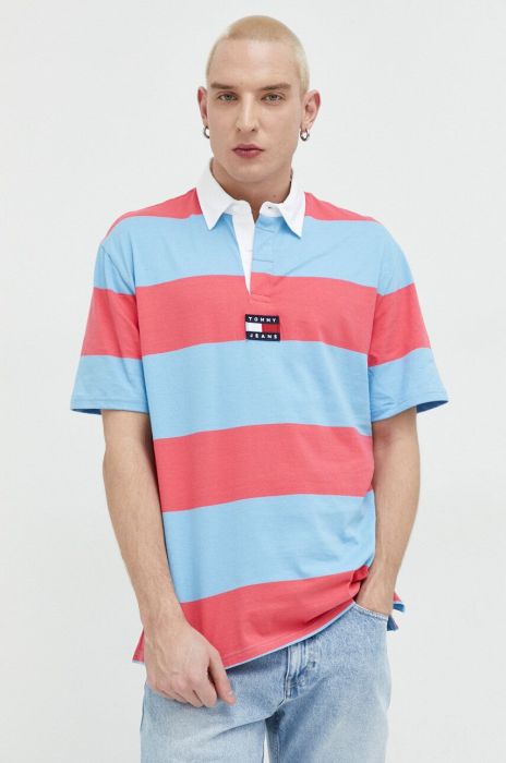 Бавовняне поло Tommy Jeans колір рожевий візерунок