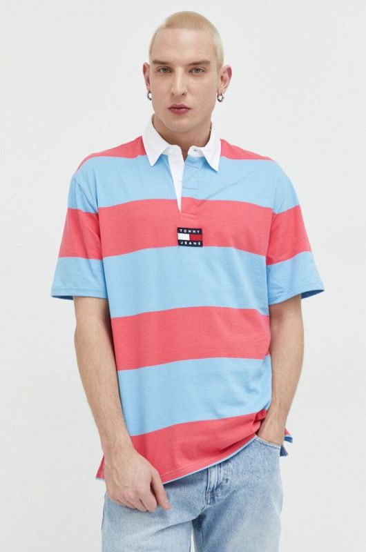 Бавовняне поло Tommy Jeans колір рожевий візерунок