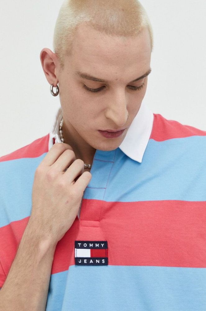 Бавовняне поло Tommy Jeans колір рожевий візерунок фото 4
