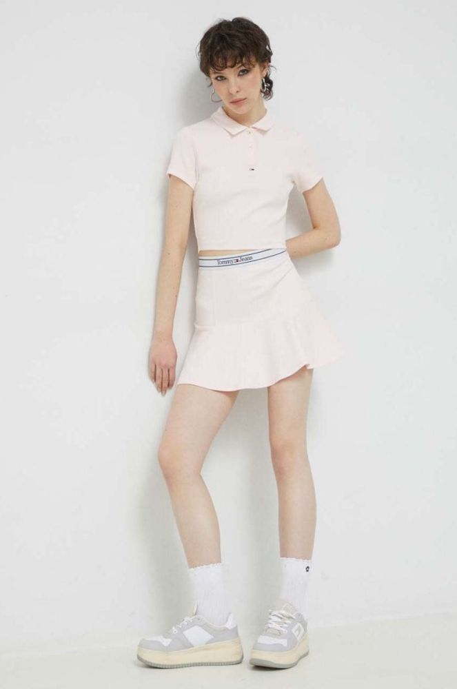 Спідниця Tommy Jeans колір рожевий mini розкльошена фото 2