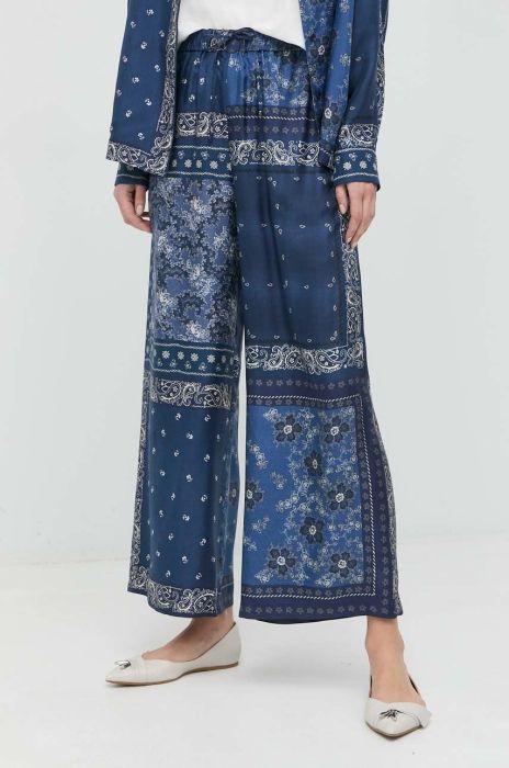 Шовкові штани Weekend Max Mara жіночі колір синій широке висока посадка