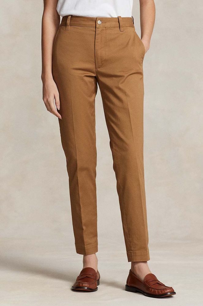 Штани Polo Ralph Lauren жіночі колір бежевий пряме висока посадка (3387836)