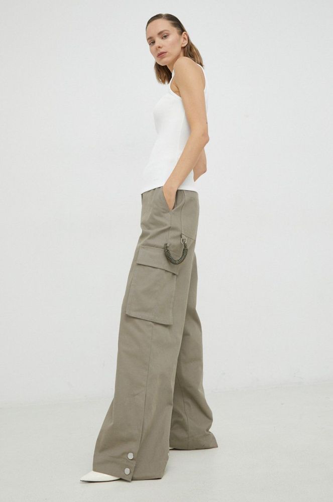 Бавовняні штани Remain жіночі колір бежевий широке висока посадка