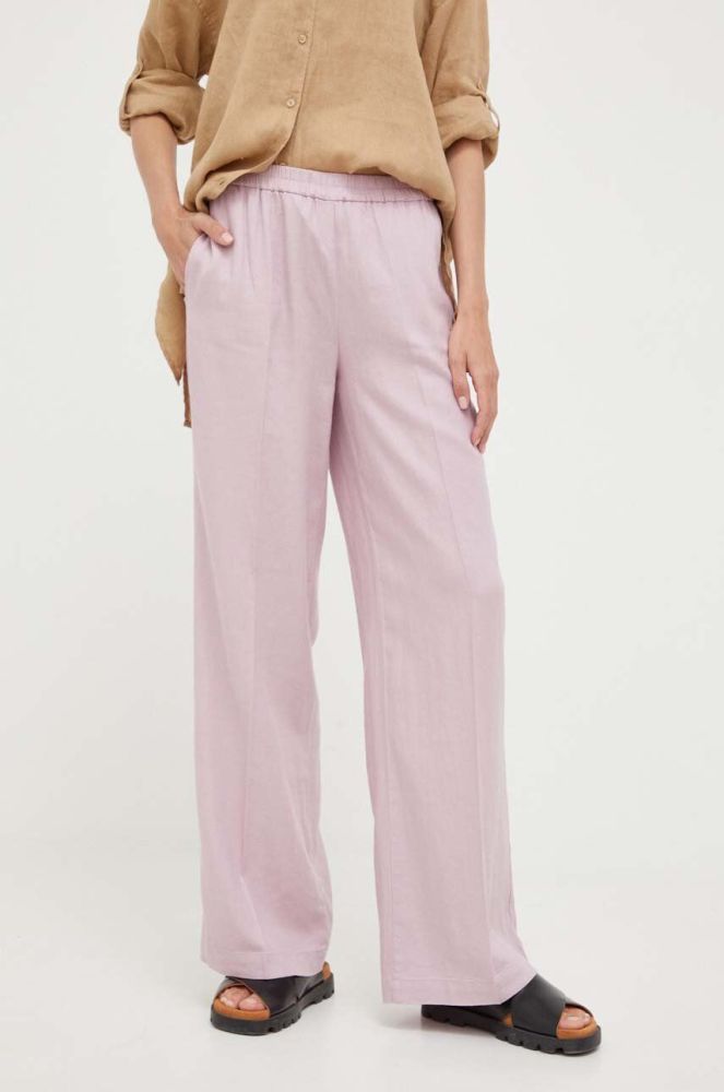 Льняні штани Sisley колір фіолетовий широке висока посадка