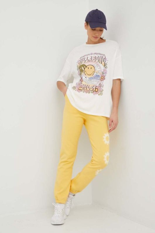 Бавовняні спортивні штани Billabong X SMILEY жіночі колір жовтий з принтом фото 2