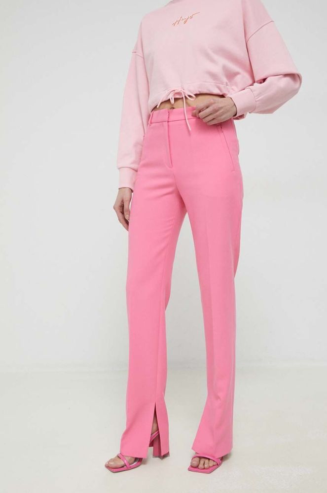 Штани HUGO жіночі колір рожевий пряме висока посадка (3058472)