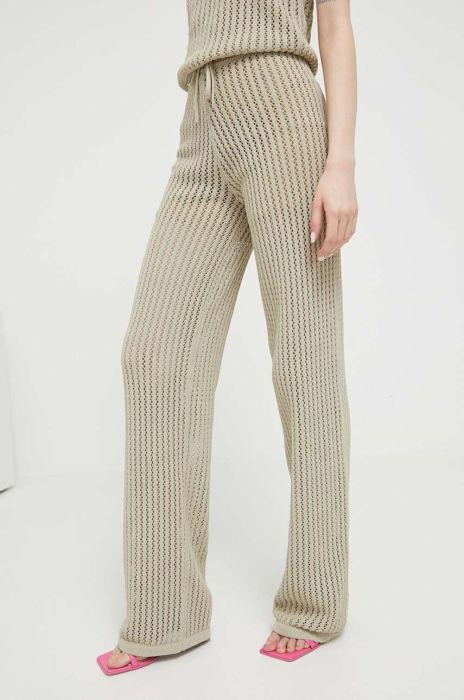 Штани Hugo жіночі колір бежевий пряме висока посадка