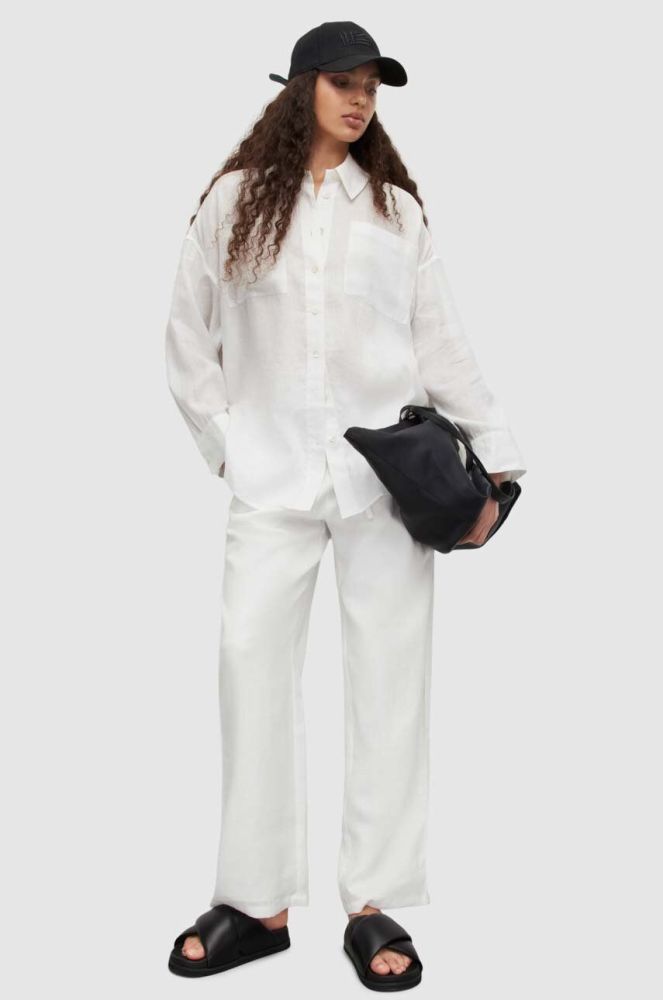 Льняні штани AllSaints колір білий широке висока посадка