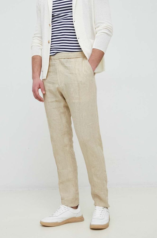 Льняні штани Emporio Armani колір бежевий пряме