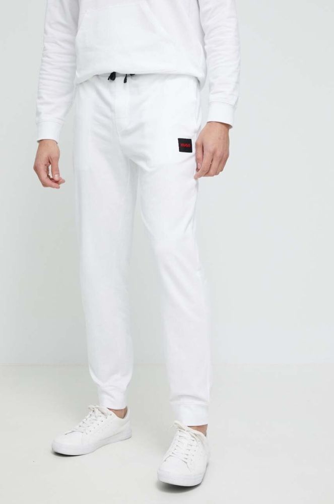 Бавовняні штани лаунж HUGO колір білий з принтом