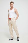 Бавовняні штани лаунж HUGO колір бежевий однотонні