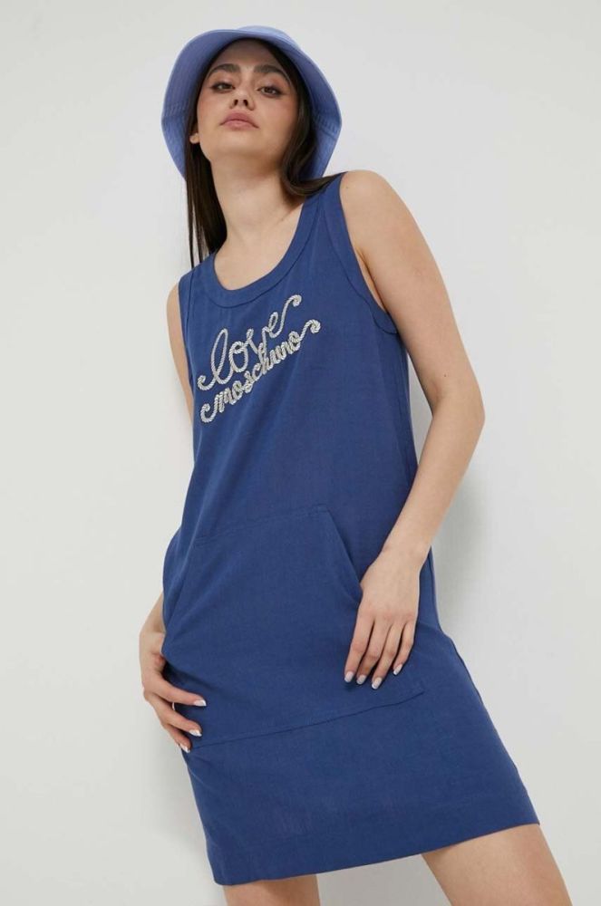 Сукня з домішкою льону Love Moschino mini пряма колір блакитний фото 2