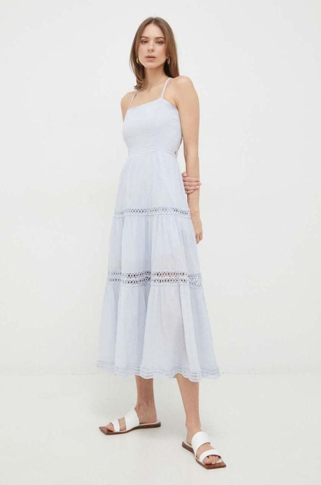 Бавовняна сукня Guess midi розкльошена колір блакитний фото 2