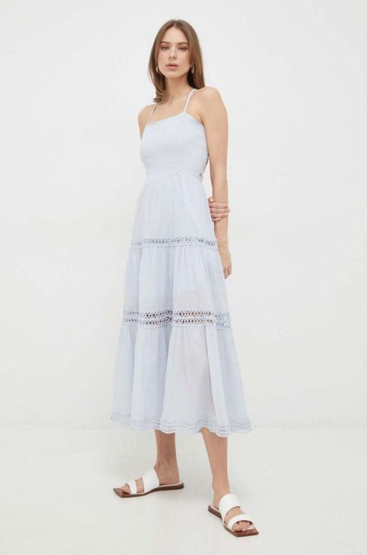 Бавовняна сукня Guess midi розкльошена колір блакитний фото 2