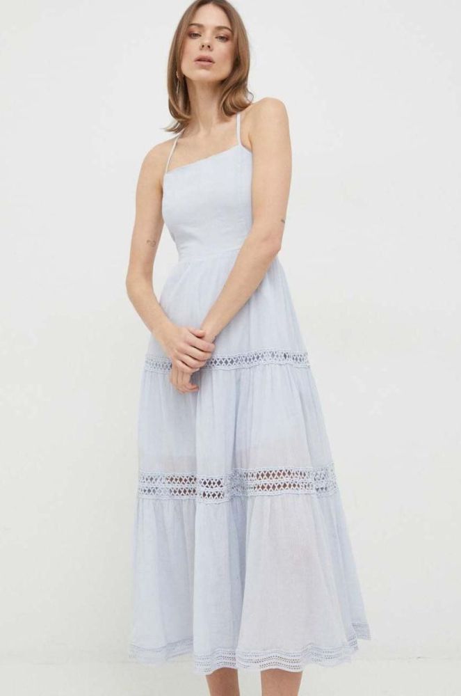 Бавовняна сукня Guess midi розкльошена колір блакитний фото 3