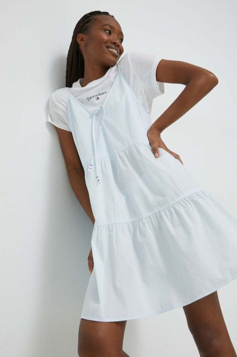 Бавовняна сукня Tommy Jeans mini розкльошена колір блакитний