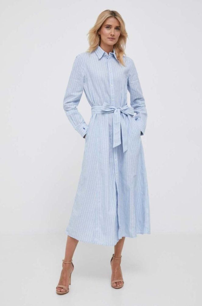 Льняна сукня Polo Ralph Lauren midi розкльошена колір блакитний фото 2