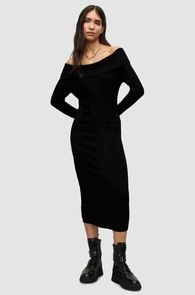 Сукня AllSaints колір чорний midi облягаюча