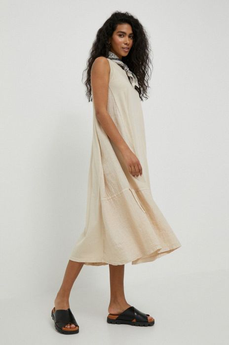 Сукня з домішкою льону Deha колір бежевий midi розкльошена