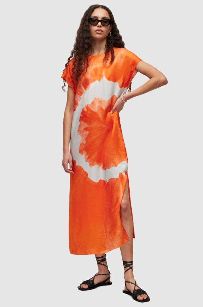 Сукня з домішкою шовку AllSaints колір помаранчевий midi пряма