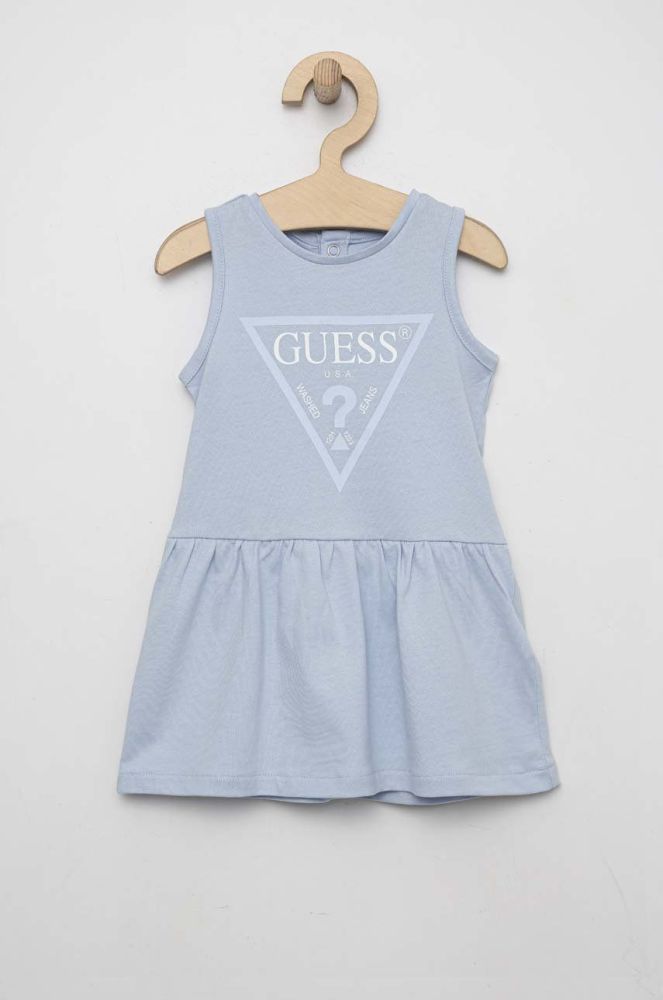 Дитяча бавовняна сукня Guess midi розкльошена колір блакитний