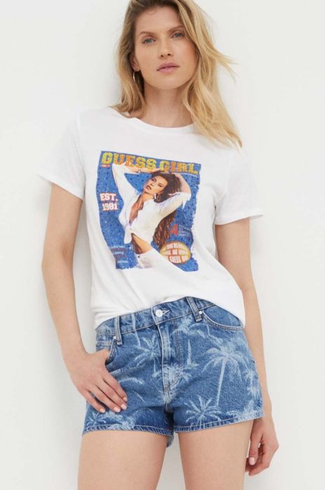 Джинсові шорти Guess жіночі візерунок середня посадка колір блакитний