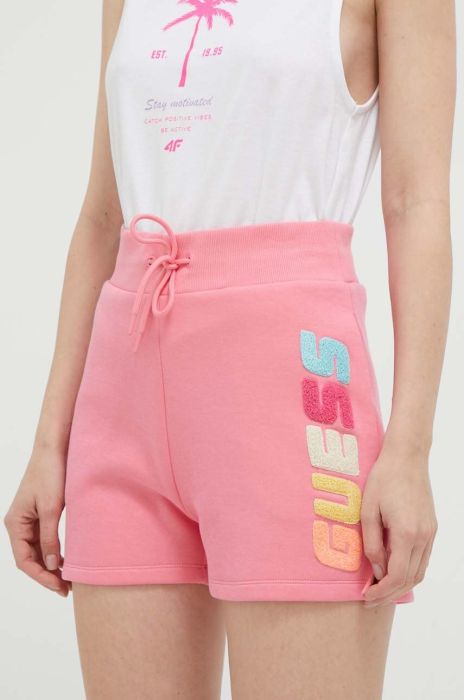 Шорти Guess жіночі колір рожевий з аплікацією висока посадка (3227575)