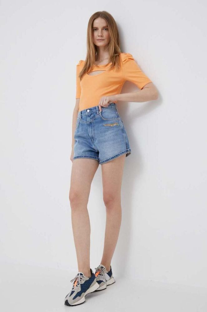 Джинсові шорти Pepe Jeans Rachel жіночі візерунок висока посадка колір блакитний фото 2