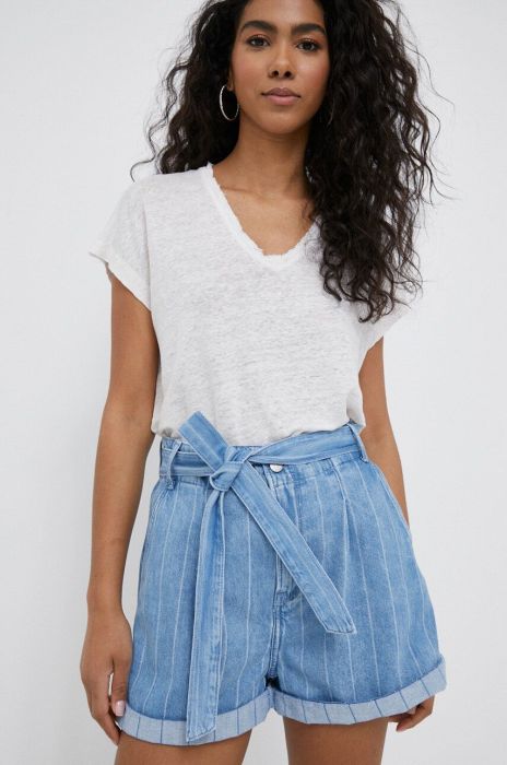 Джинсові шорти Pepe Jeans Kaylee Stripe жіночі  висока посадка колір блакитний